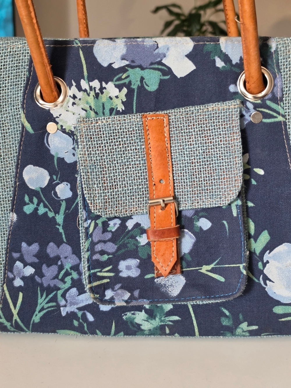 Blue Floral Canvas Tote Bag with Tan Faux Leather Accents - Picture 2 of 8
